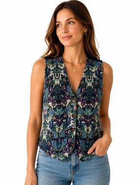 Vintage 90s Separate Scene Floral Tapestry Vest Tie Back Boho Cottagecore M